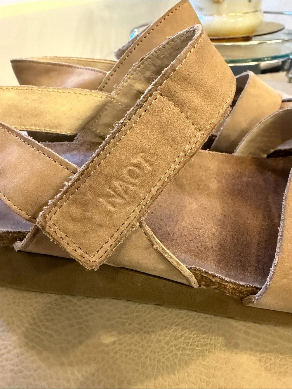 Naot Womens Kayla Sandal Sz 37 L6 Taupe Nubuck Strappy Low Wedge Cork Insole EUC